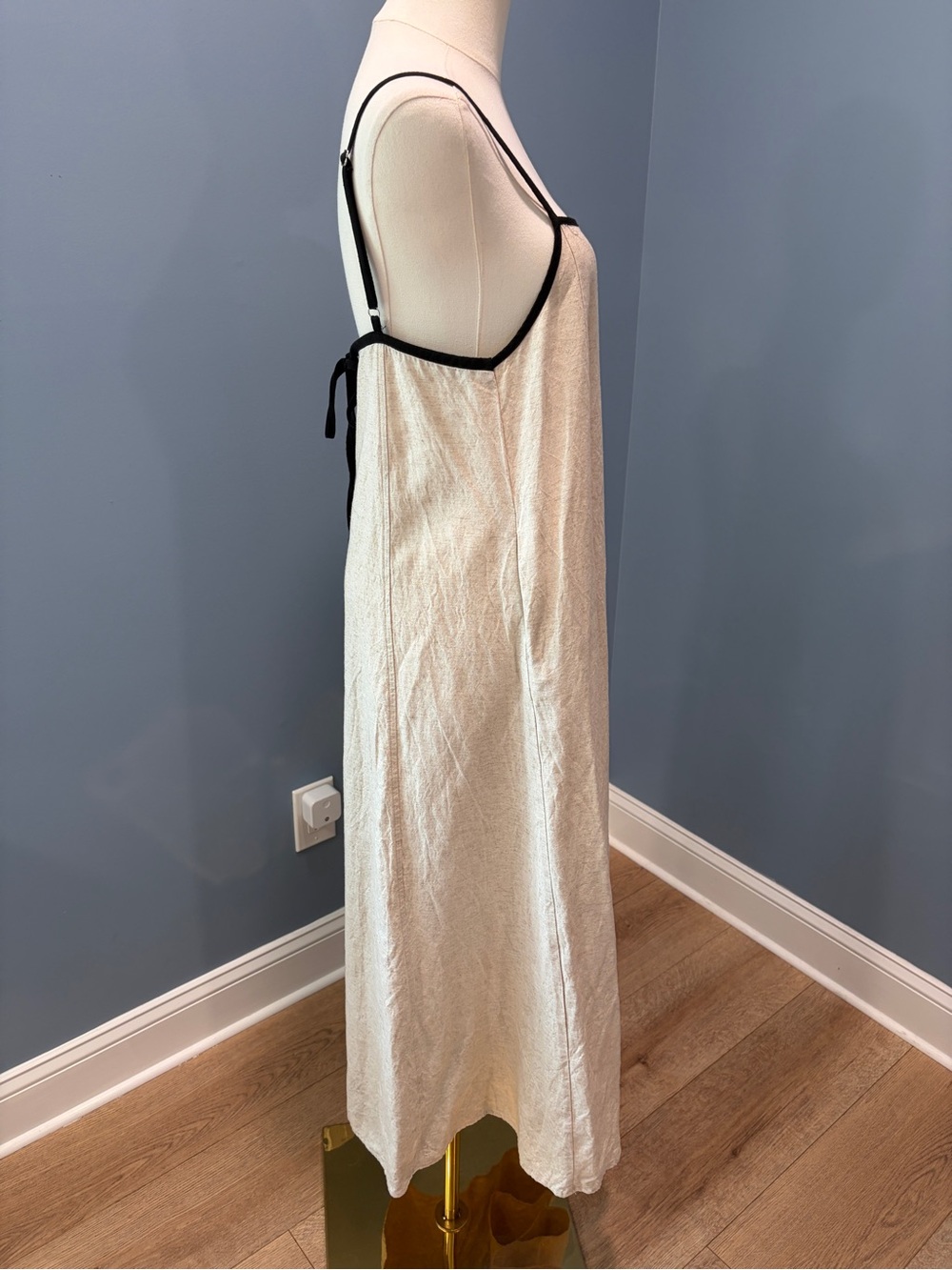 Senllen 100% Linen Maxi Dress Small Oatmeal Black Trim Coastal Minimalist - Picture 4 of 9